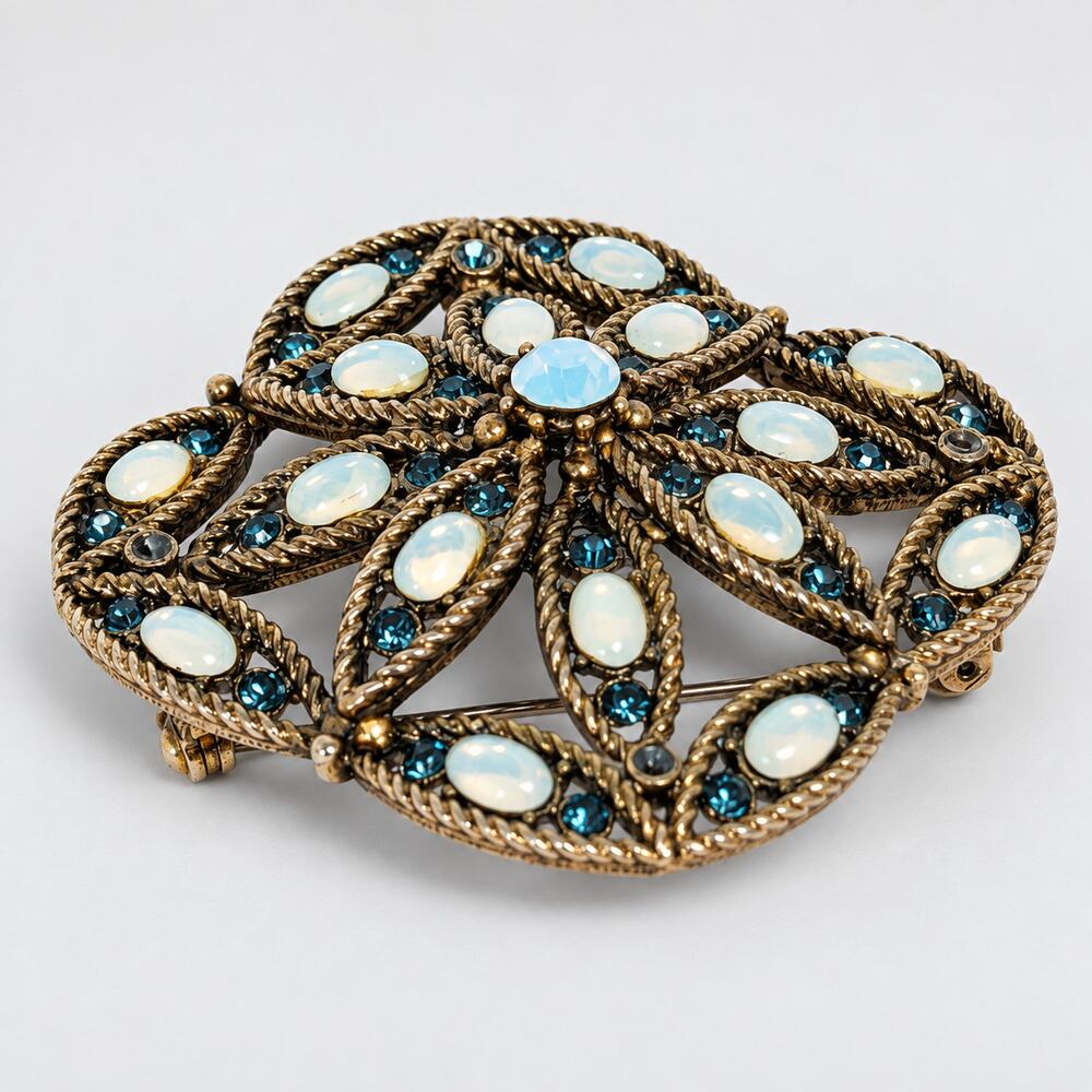 Hollycraft Flower Brooch Opalescent Blue Rhinestones Floral Signed Vintage 1960s